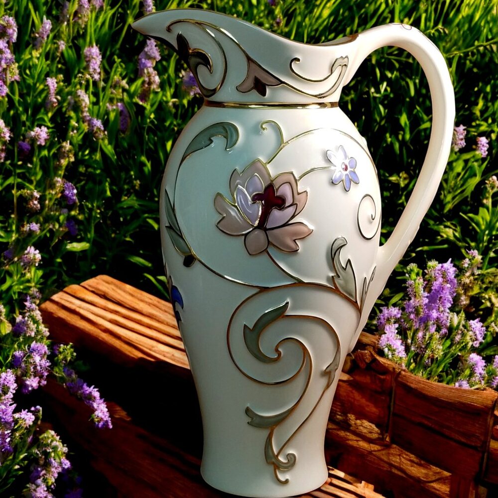 Lenox Gilded Porcelain Pitcher a Masterpiece of Elegance w/ Raised Garden Floral
